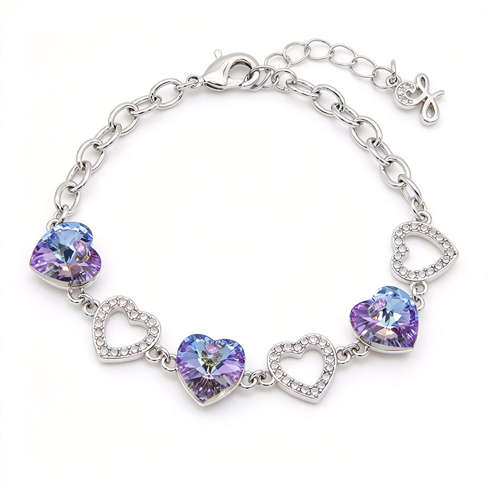 A000725H-001.128.A Silver heart chain bracelet with colorful heart Swarovski Element crystals and paved open heart links wholesale