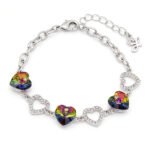 Silver heart chain bracelet with colorful heart Swarovski Element crystals and paved open heart links wholesale