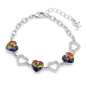 Silver heart chain bracelet with colorful heart Swarovski Element crystals and paved open heart links wholesale