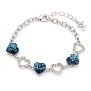 Silver heart chain bracelet with colorful heart Swarovski Element crystals and paved open heart links wholesale