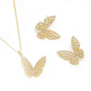 Gold plated cubic zirconia butterfly pendant necklace and stud earrings set wholesale