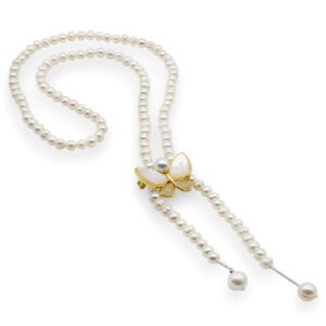 Freshwater pearl butterfly necklace wholesale featuring natural white pearl strand, adjustable mother of pearl butterfly slide clasp with pave cz wings, and 18k gold plated accents.