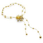 Shell pearl floral necklace wholesale featuring 18k gold plated dual chain strand with station shell pearls, 3D micro pave cz lily flower adjustable slide clasp, and dangling tassel ends.