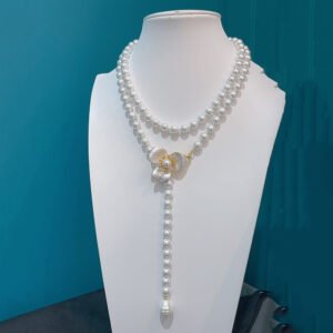 Shell pearl long necklace wholesale featuring double strand white pearl beads, brushed silver blossom clasp with cz center, and dangling pearl drop on palladium plated copper.
