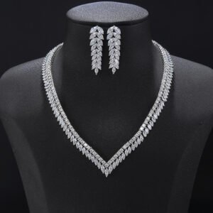 Marquise crystal jewelry set wholesale featuring a V-shaped leaf motif crystal collar necklace and matching dangle earrings on palladium plated copper.