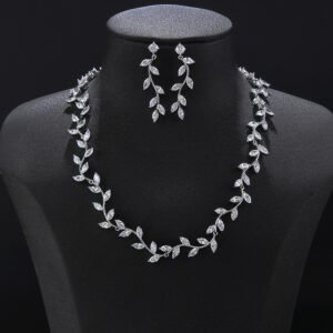 Leaf vine crystal jewelry set wholesale featuring delicate organic olive branch collar necklace with marquise cut crystal leaves and matching dangling drop earrings on palladium plated copper base.