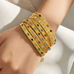 Gold and silver textured flexible stretch chain bracelet set with colorful and clear cubic zirconia in 316L stainless steel