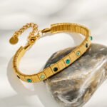Gold and silver textured flexible stretch chain bracelet set with colorful and clear cubic zirconia in 316L stainless steel