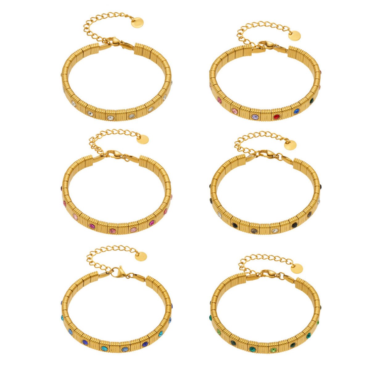 Gold and silver textured flexible stretch chain bracelet set with colorful and clear cubic zirconia in 316L stainless steel