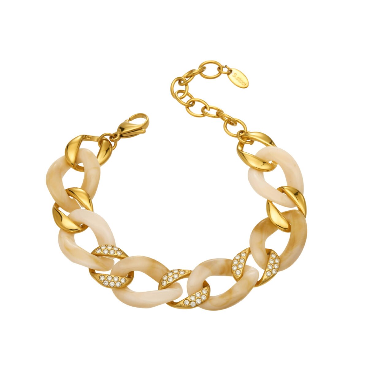 Gold plated chunky Cuban link bracelet with swirl resin and pave cubic zirconia in 316L stainless steel