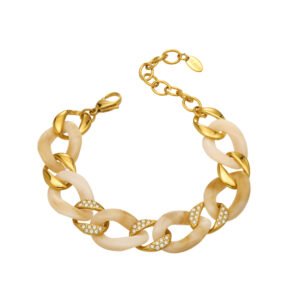 Gold plated chunky Cuban link bracelet with swirl resin and pave cubic zirconia in 316L stainless steel