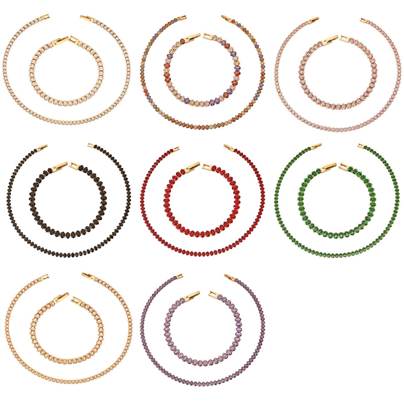 E314-P1163 (1) 18K gold plated 316L stainless steel oval cut colorful cubic zirconia tennis chain necklace and bracelet set wholesale