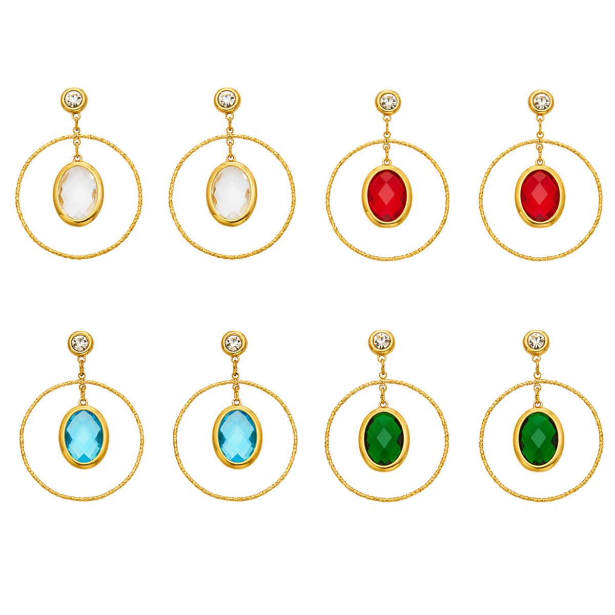 18K gold plated 316L stainless steel oval glass crystal hoop drop earrings wholesale