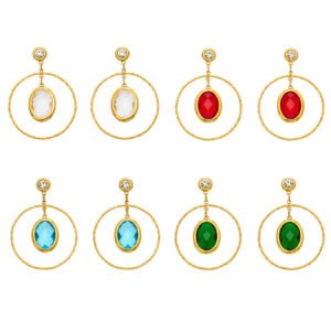 18K gold plated 316L stainless steel oval glass crystal hoop drop earrings wholesale