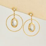 18K gold plated 316L stainless steel oval glass crystal hoop drop earrings wholesale