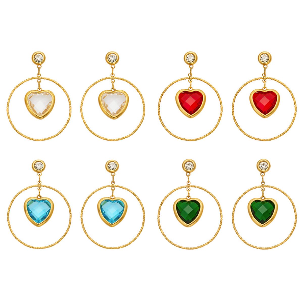 18K gold plated 316L stainless steel heart glass crystal hoop drop earrings wholesale