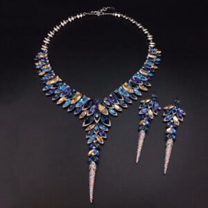 Luxurious statement necklace and long drop earrings set with marquise cut Swarovski Element crystals in leaf design wholesale
