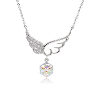 Silver angel wings pendant necklace with geometric Swarovski Element cube crystal wholesale