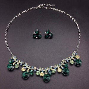 Silver fringe statement necklace and stud earrings jewelry set with multi-cut Swarovski Element crystals wholesale