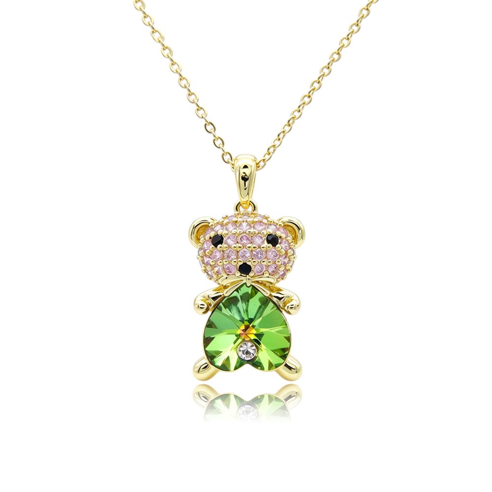 Pink pavé teddy bear pendant necklace holding heart-cut Swarovski Element crystal wholesale