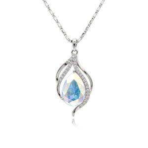 Silver teardrop pendant necklace with pear-cut Swarovski Element crystal and micro-pavé accents wholesale