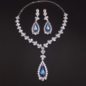 Silver statement necklace and drop earrings set with leaf motif and pear-cut Swarovski Element crystals wholesale
