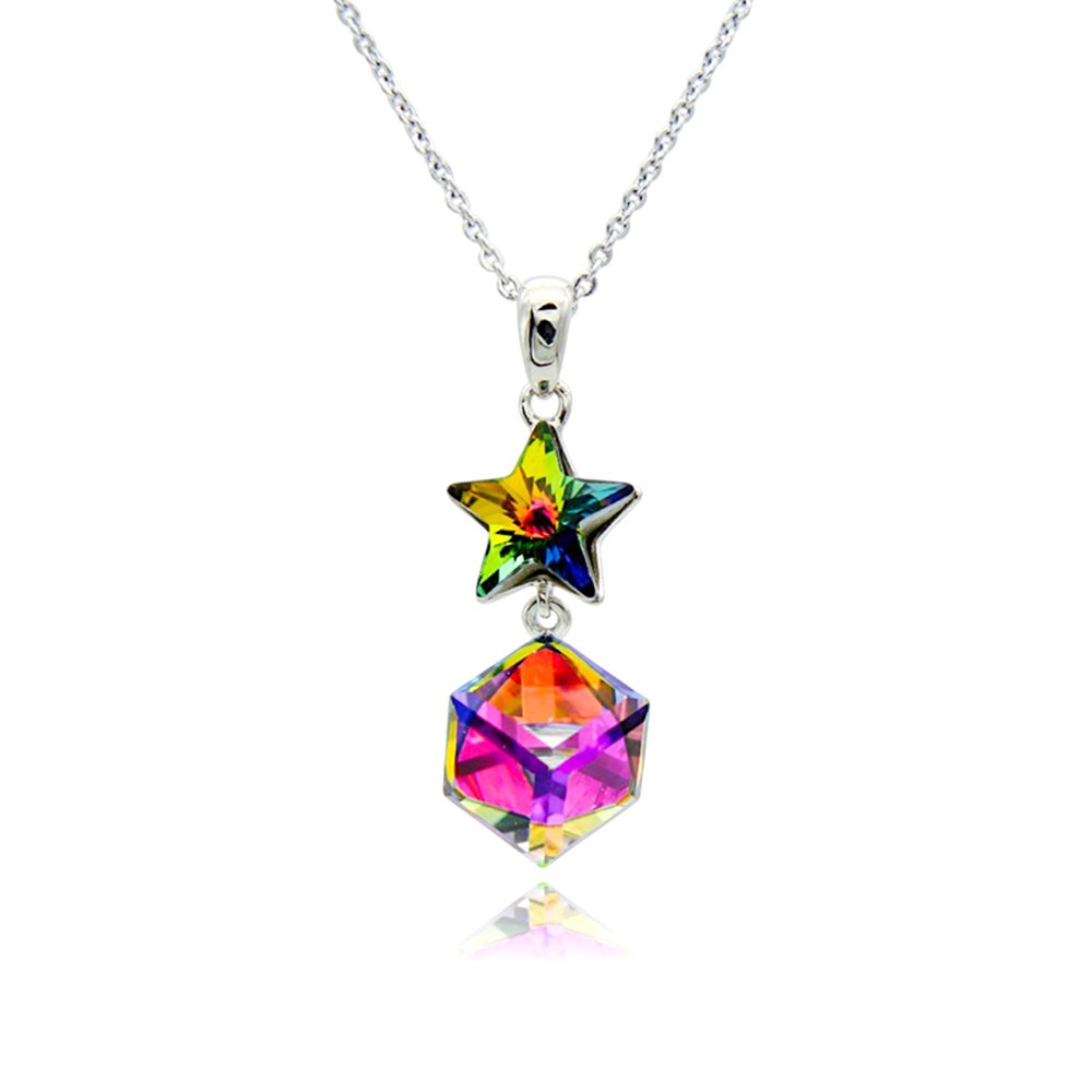 G100323E12Y.89.A Silver star pendant necklace with multi-color Swarovski Element star crystal and geometric cube crystal wholesale