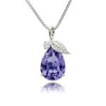 Silver teardrop pendant necklace with micro-pavé leaf cap accent and faceted Swarovski Element crystal wholesale