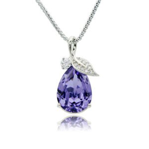 Silver teardrop pendant necklace with micro-pavé leaf cap accent and faceted Swarovski Element crystal wholesale