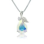 Silver teardrop pendant necklace with micro-pavé leaf cap accent and faceted Swarovski Element crystal wholesale