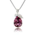 Silver teardrop pendant necklace with micro-pavé leaf cap accent and faceted Swarovski Element crystal wholesale