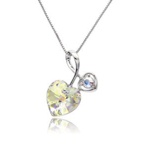 Silver double heart pendant necklace with ribbon bail and faceted Swarovski Element crystal wholesale