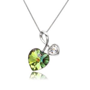 Silver double heart pendant necklace with ribbon bail and faceted Swarovski Element crystal wholesale