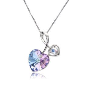Silver double heart pendant necklace with ribbon bail and faceted Swarovski Element crystal wholesale