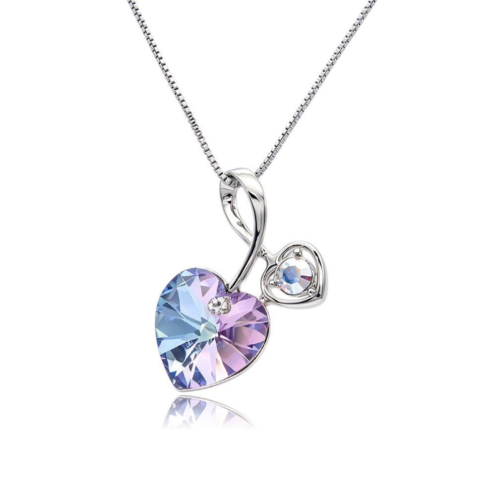 Silver double heart pendant necklace with ribbon bail and faceted Swarovski Element crystal wholesale