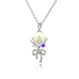 Silver teardrop pendant necklace wrapped with micro-pavé ribbon bow and Swarovski Element crystal wholesale