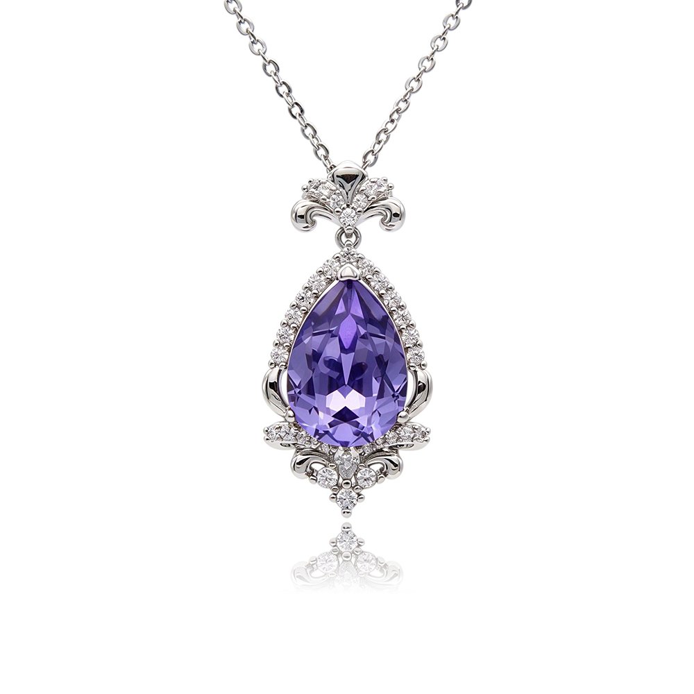 Silver vintage filigree teardrop pendant necklace with pavé halo framing a faceted Swarovski Element crystal wholesale