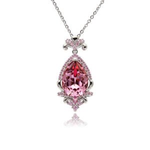 Silver vintage filigree teardrop pendant necklace with pavé halo framing a faceted Swarovski Element crystal wholesale