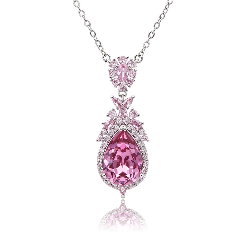Silver vintage teardrop pendant necklace with ornate micro-pavé halo and Swarovski Element crystal wholesale