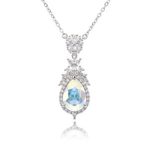 Silver vintage teardrop pendant necklace with ornate micro-pavé halo and Swarovski Element crystal wholesale