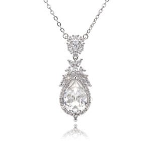 Silver vintage teardrop pendant necklace with ornate micro-pavé halo and Swarovski Element crystal wholesale