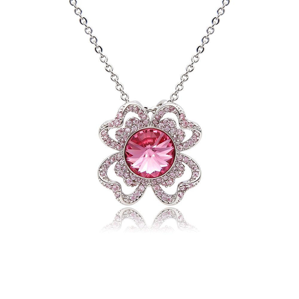 Silver four leaf clover pendant necklace with micro-pavé frame and round Swarovski Element crystal wholesale