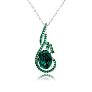 Silver swirl wave pendant necklace with micro-pavé accents framing an oval Swarovski Element crystal wholesale