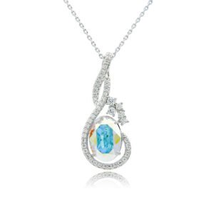 Silver swirl wave pendant necklace with micro-pavé accents framing an oval Swarovski Element crystal wholesale