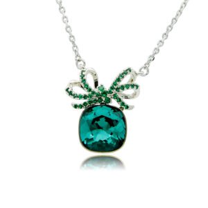 Silver bow knot pendant necklace with micro-pavé accents and large cushion-cut Swarovski Element crystal wholesale