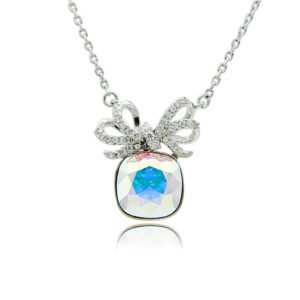 Silver bow knot pendant necklace with micro-pavé accents and large cushion-cut Swarovski Element crystal wholesale