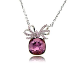 Silver bow knot pendant necklace with micro-pavé accents and large cushion-cut Swarovski Element crystal wholesale