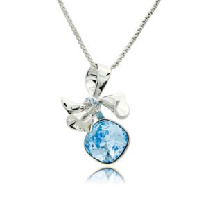 Silver smooth ribbon bow pendant necklace with accent stones and cushion-cut Swarovski Element crystal wholesale