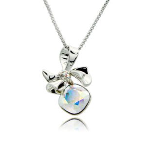 Silver smooth ribbon bow pendant necklace with accent stones and cushion-cut Swarovski Element crystal wholesale