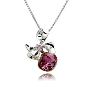 Silver smooth ribbon bow pendant necklace with accent stones and cushion-cut Swarovski Element crystal wholesale